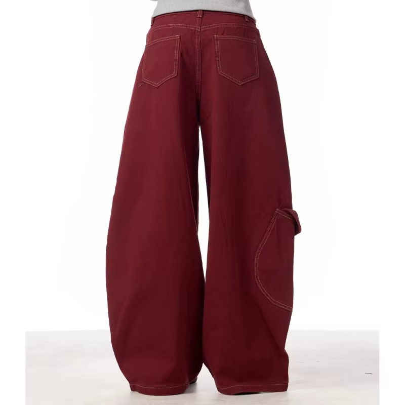 Cargo rouge jean décontracté femmes vêtements de travail pantalon ample droit jambe large pantalon p