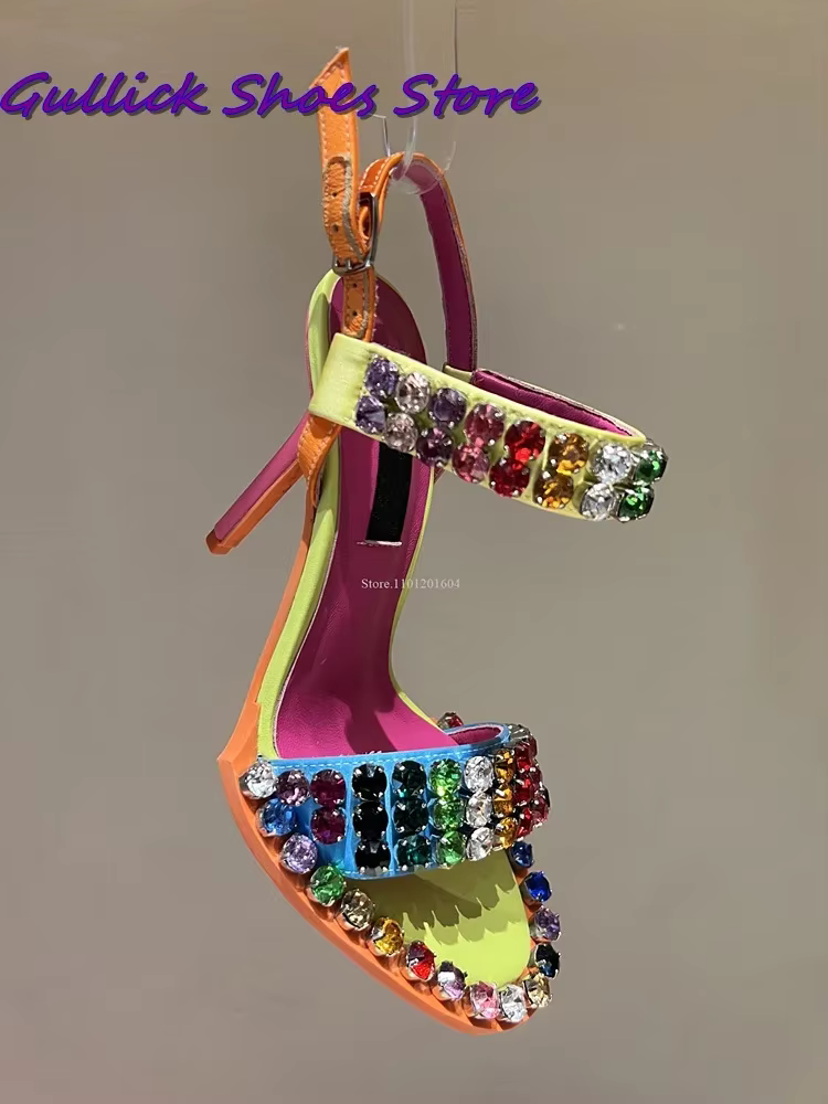 Sandales scintillantes en cristal coloré pour femmes, chaussures à talons hauts, pantoufle à une san