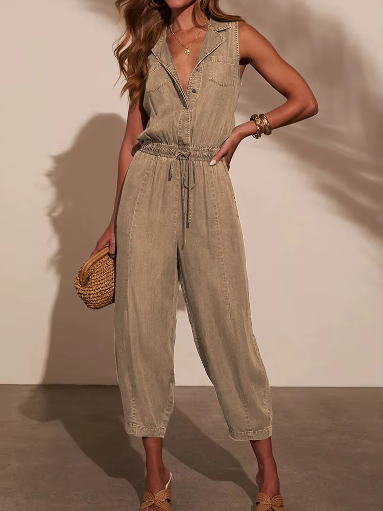 Jumpsutis chics en Patchwork de boutons à col en V, combishorts d'été sans manches pour femmes, nouv