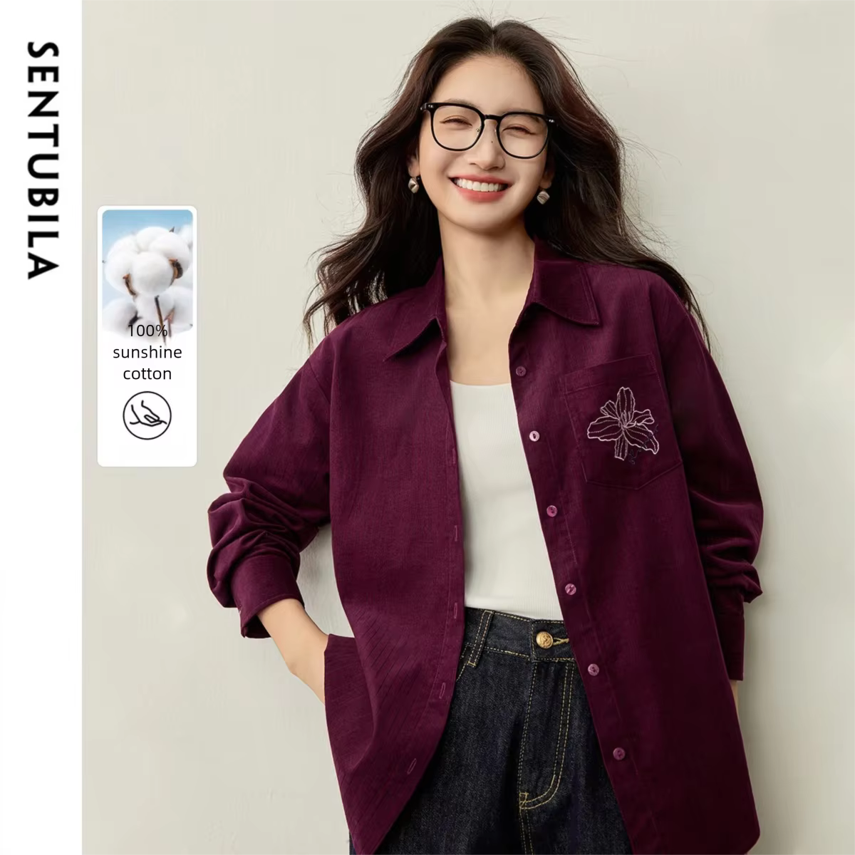 Chemise en velours côtelé de coton SENTUBILA pour femme, collection automne 2026, décontractée, brod