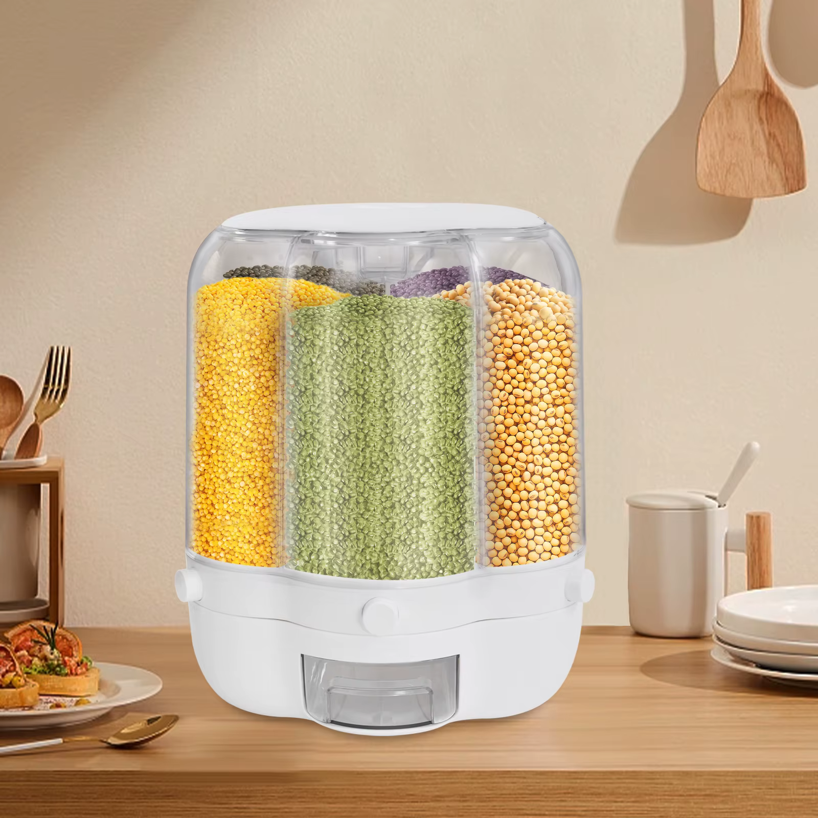 Distributeur Rotatif de Riz à 6 Grilles, Récipient de Rangement pour Grains Entiers, avec Couvercle,