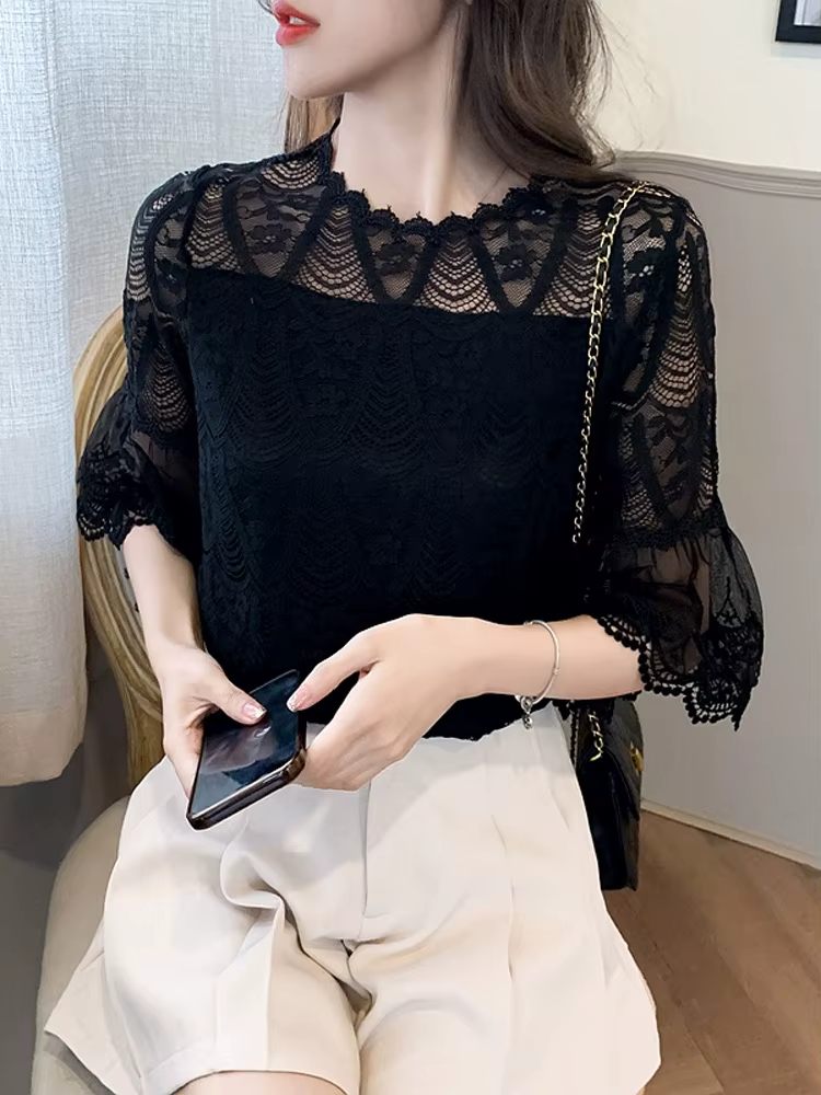Chemisier en dentelle à fleurs avec doublure pour femme, chemise évidée, manches évasées, col rond, 