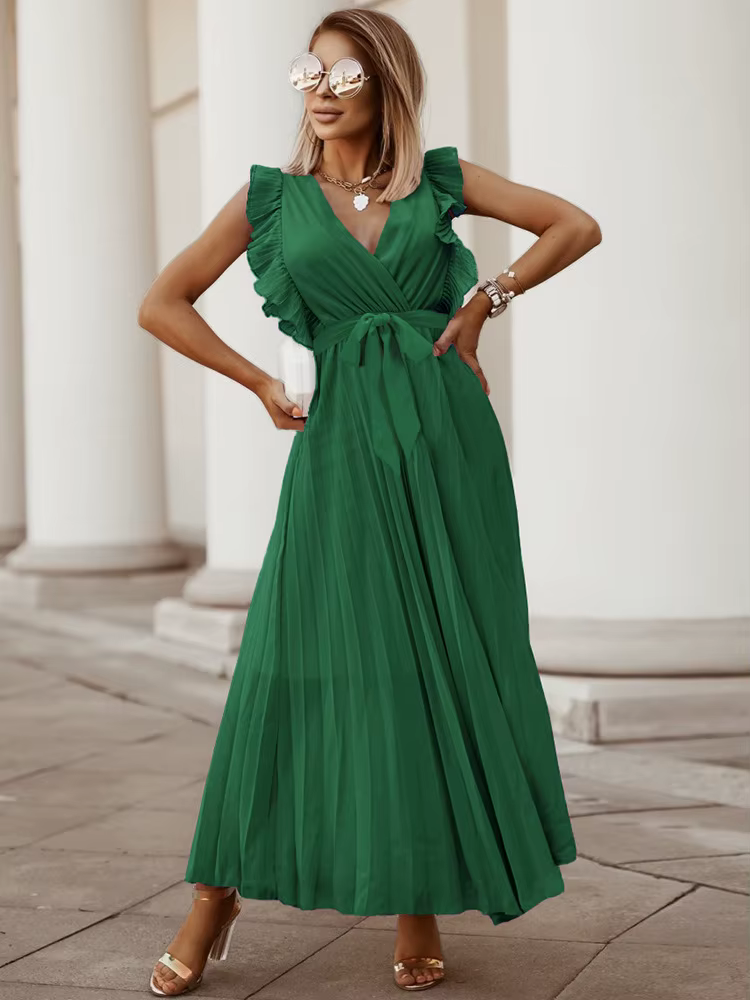 Mode élégante femmes robe sans manches col en V longue robe d'été Sexy pli robe de soirée femme en m