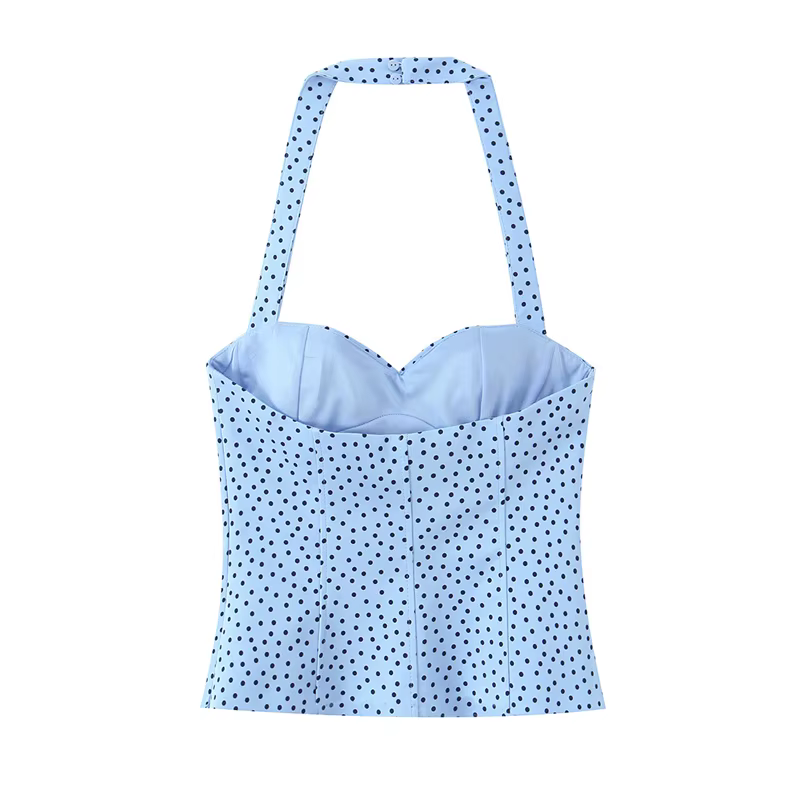 Haut pour femme, nouveau style été 2026, couleur unie, décor à pois, col halter, haut sexy, style va