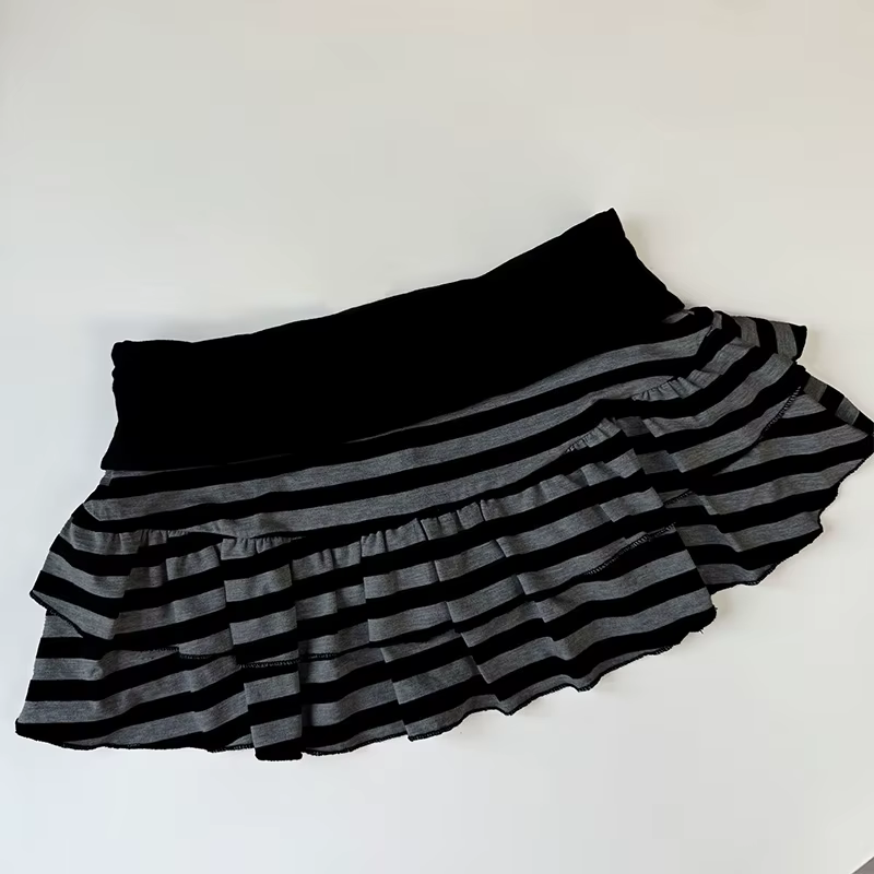 Mini jupe à volants rayée noire et grise, vêtements pour femmes Y2K Grunge, taille haute, taille éla