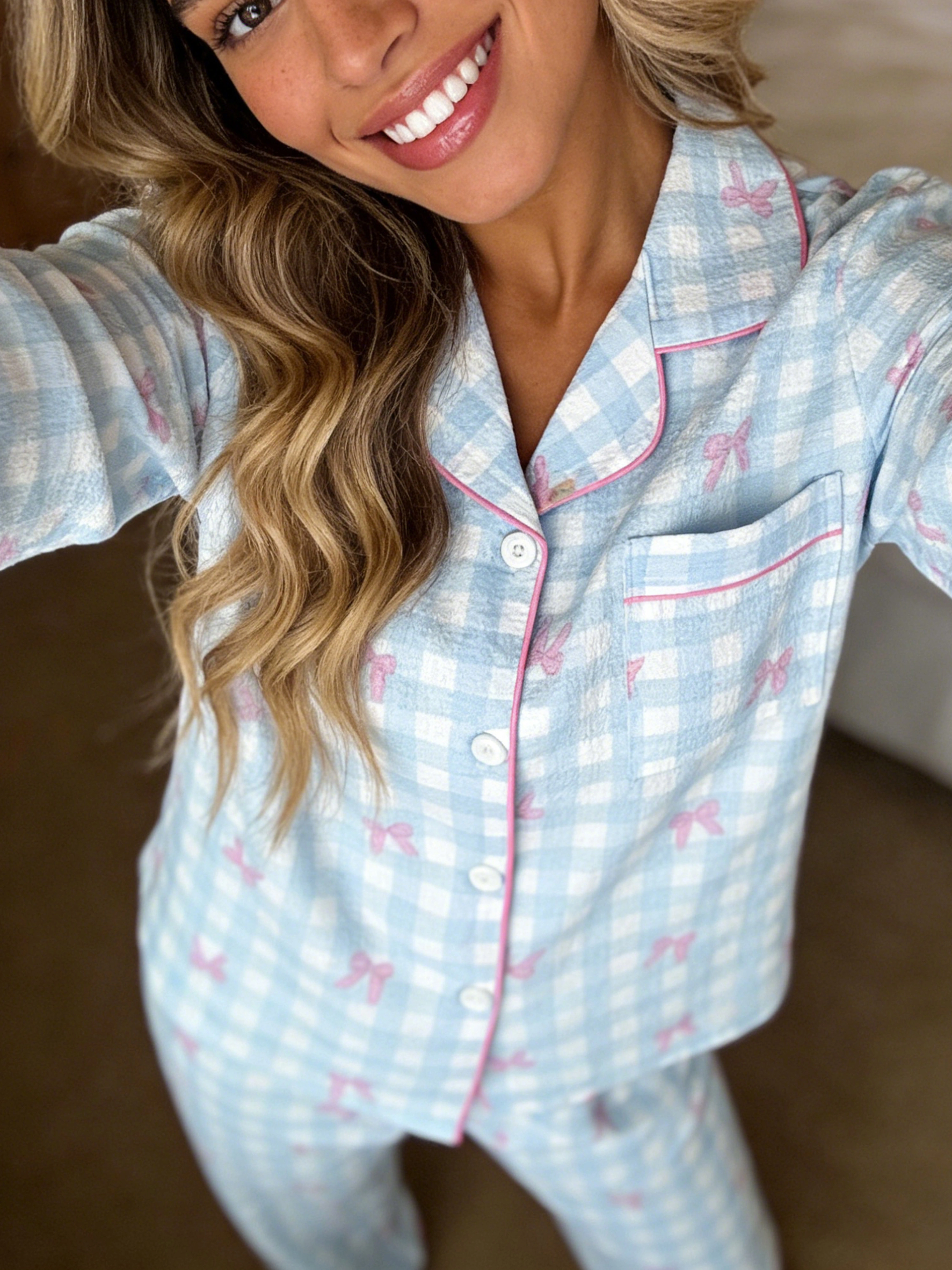 Pyjama femme à revers cranté, manches longues et pantalon, ensemble 2 pièces, imprimé carreaux avec