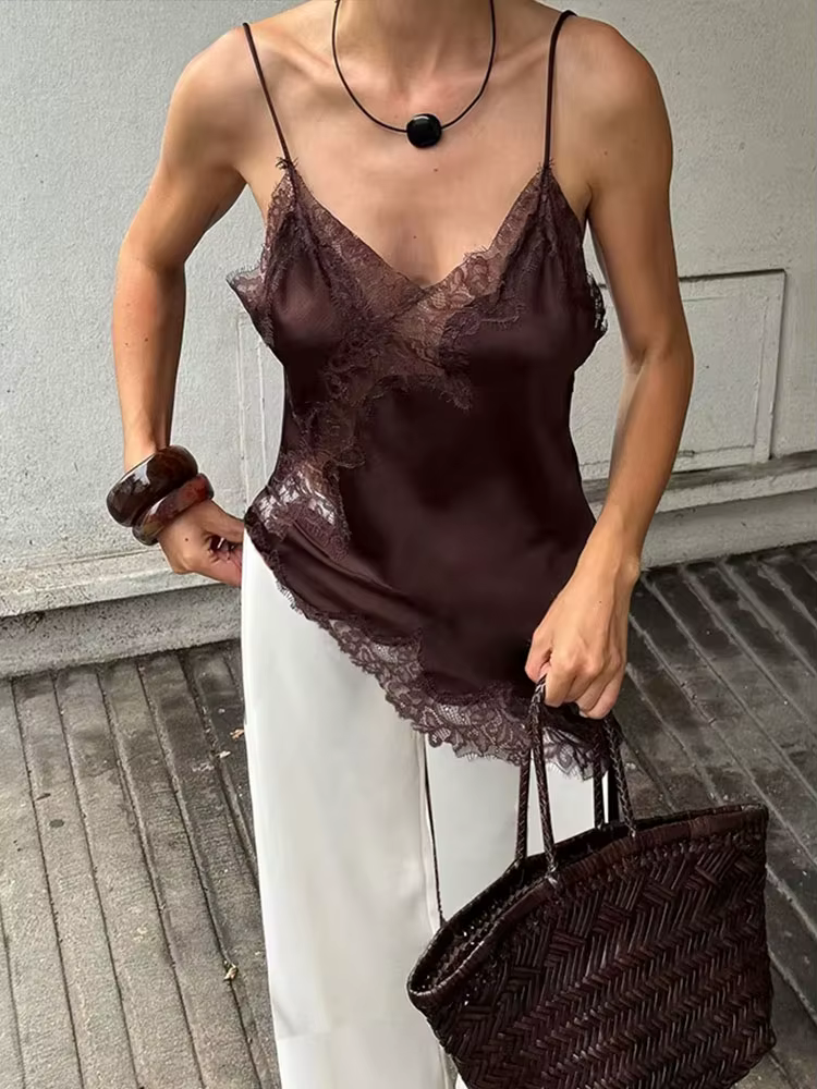 HH Femme Élégante Débardeur à Pois en Dentelle à Ourlet Asymétrique, Camisole Sexy d'Été avec Empièc