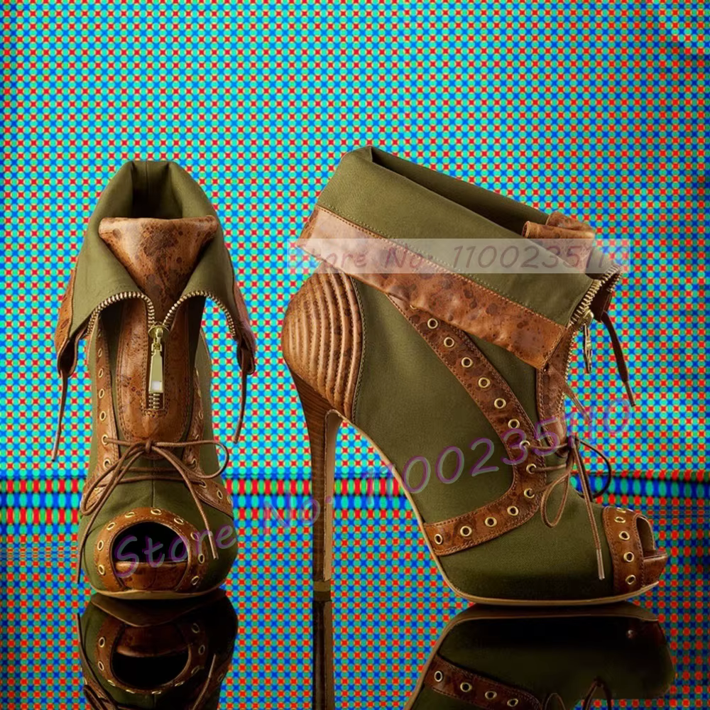 Sandales vert armée en jean patchwork pour femme, sexy, à bout ouvert, avec fermeture éclair décorat