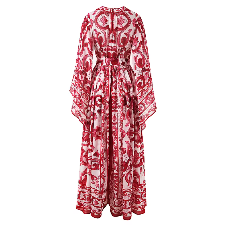 Robe de vacances à imprimé de porcelaine rouge bleu et blanc pour femmes, robe longue d'été, robe bo