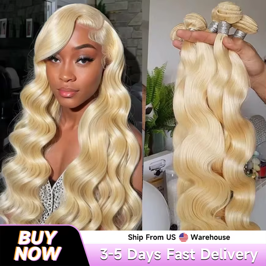 Tissage en Lot Brésilien Naturel Remy Body Wave, Couleur Blond 613, Extensions de Cheveux, 30 32 34