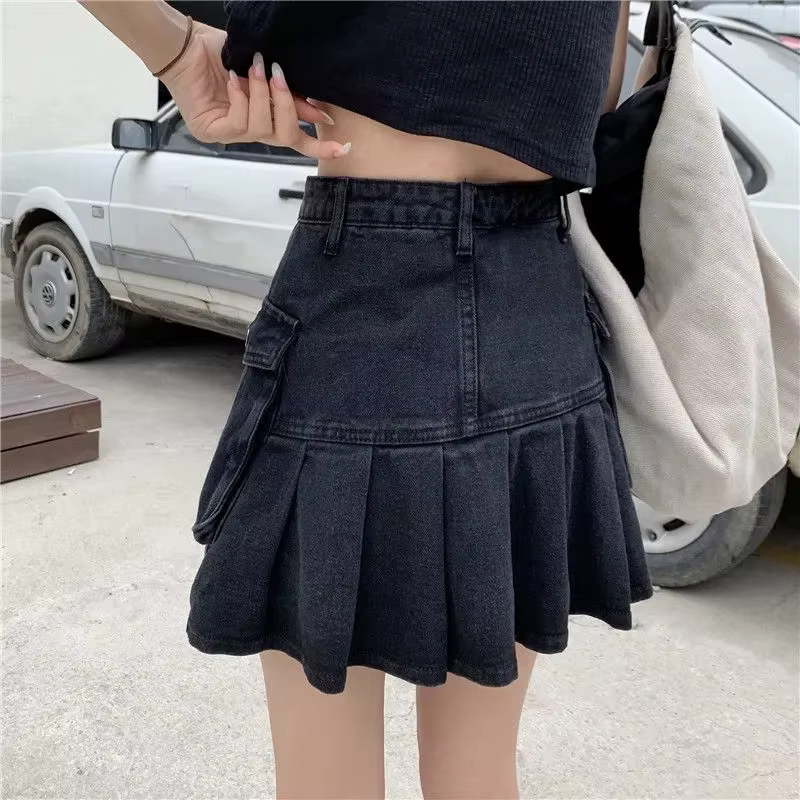 Jupes en Jean noires pour femmes, Streetwear, taille haute, courtes, Slim, Sexy, plissée, avec poche