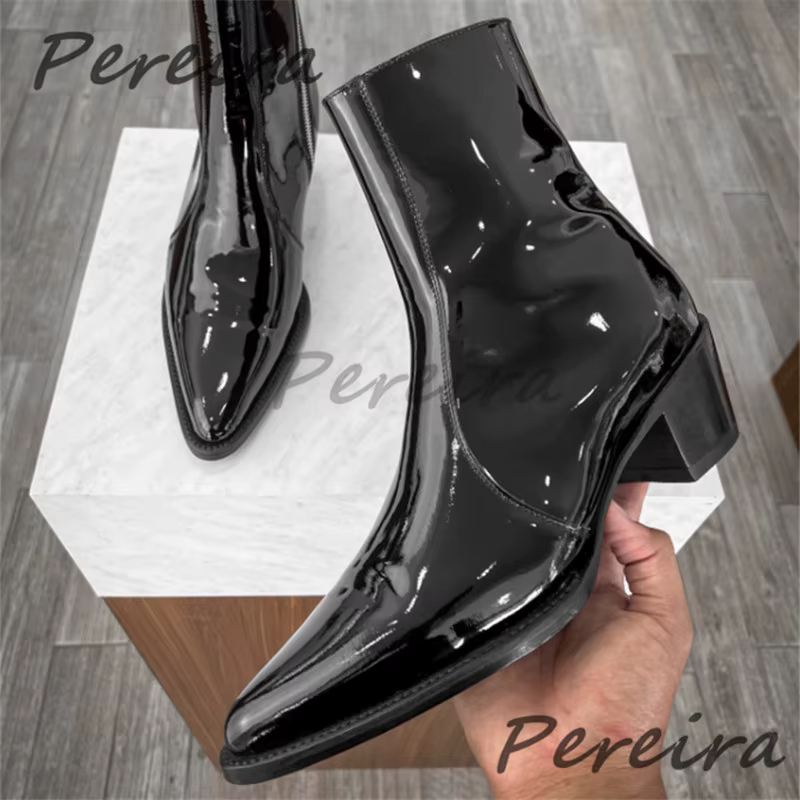 Bottes Chelsea en cuir verni noir pour hommes, chaussures courtes à bout pointu en cuir de vache ave