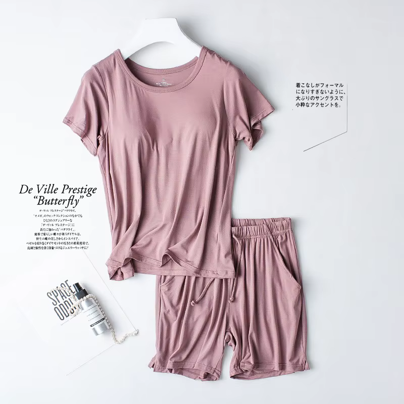 Ensemble de pyjama en coton modal pour femme, coussretours de poitrine, manches courtes, soutien-gor