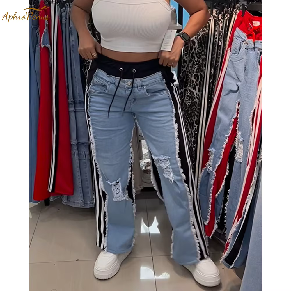 Jean déchiré taille haute pour femmes, pantalon Patchwork en détresse contrasté, Streetwear, jambes