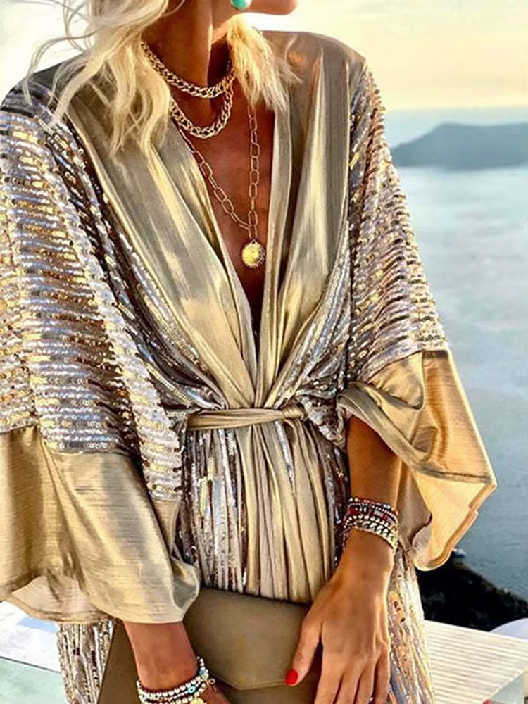 Robe de plage pour femmes, Style trois quarts, manches chauve-souris, col en v, paillettes, lacets, 