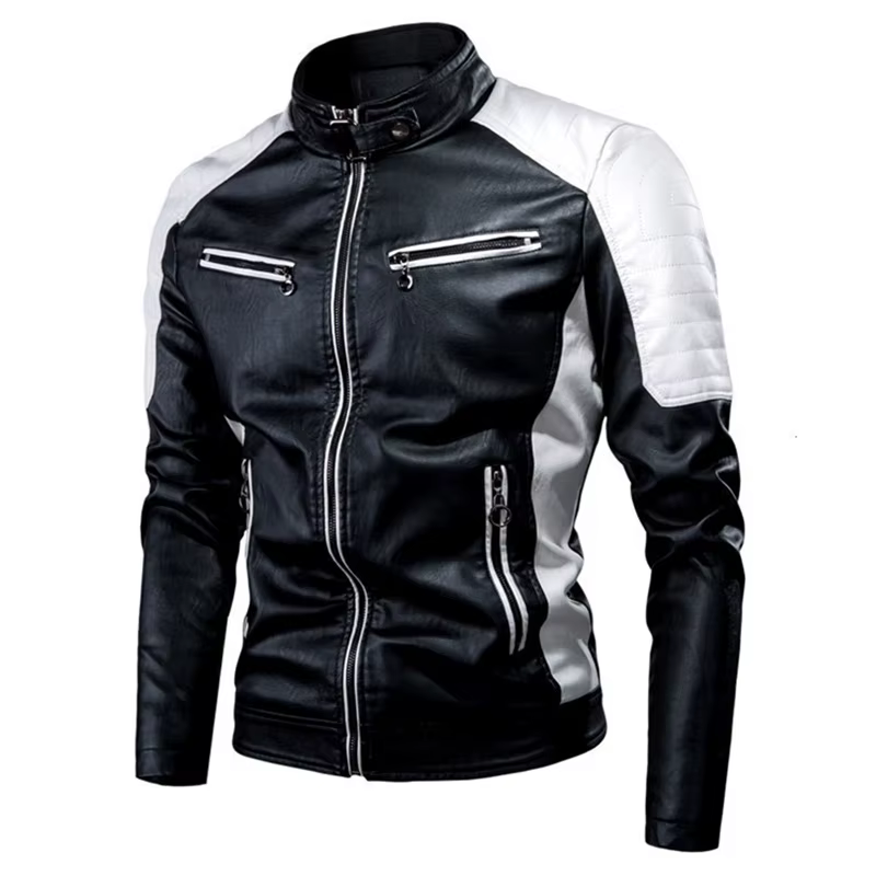 Veste de moto décontractée pour hommes – Noir à la mode, petit col montant, fermeture éclair à manch