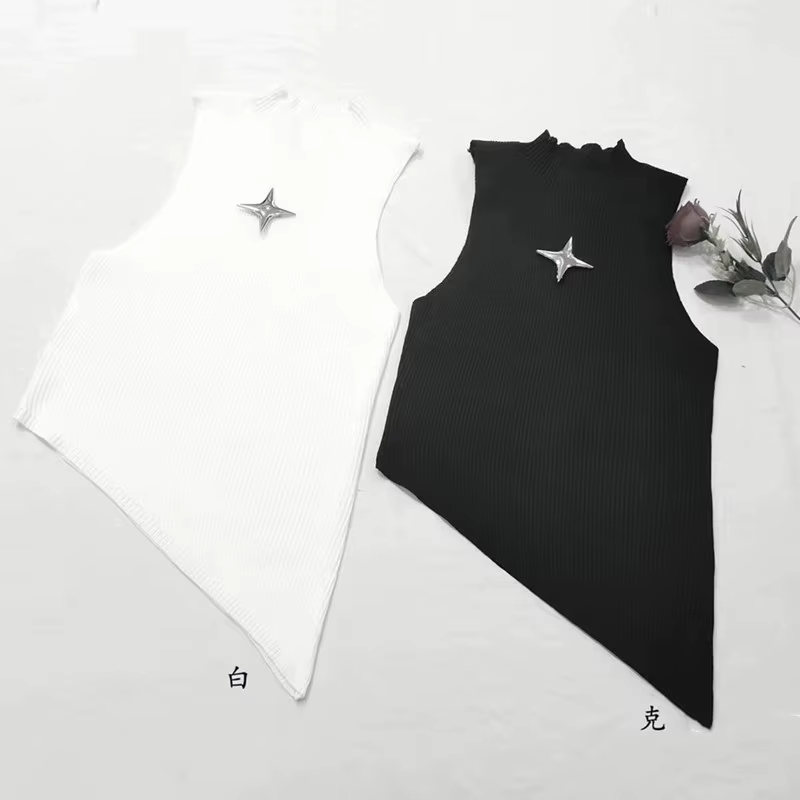 Y2K – haut court en tricot pour femmes, sans manches, ourlet asymétrique, col haut, extensible, ajus