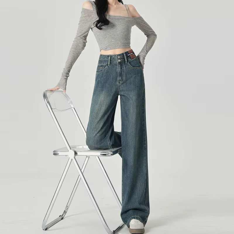 Jean à jambes larges pour femmes, coupe étroite, avec taille haute et sensation de suspension, jambe