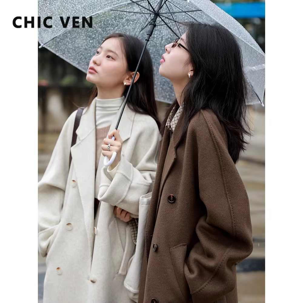 CHIC VEN femmes Long manteau en laine ample décontracté Double face vêtements de dessus pour femmes