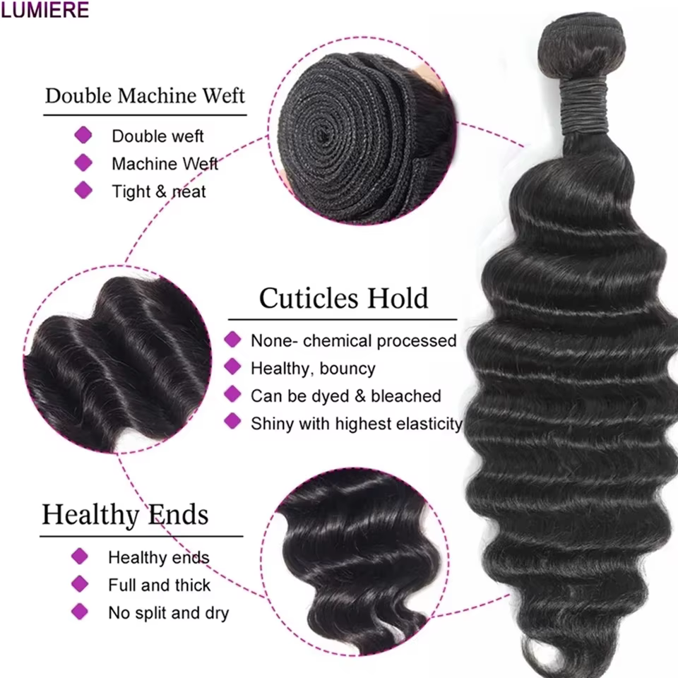 Lumiere-Mèches Péruviennes Naturelles Remy 3/4 Noires, Cheveux Ondulés, Double Trame, 10 à 30 Pouces