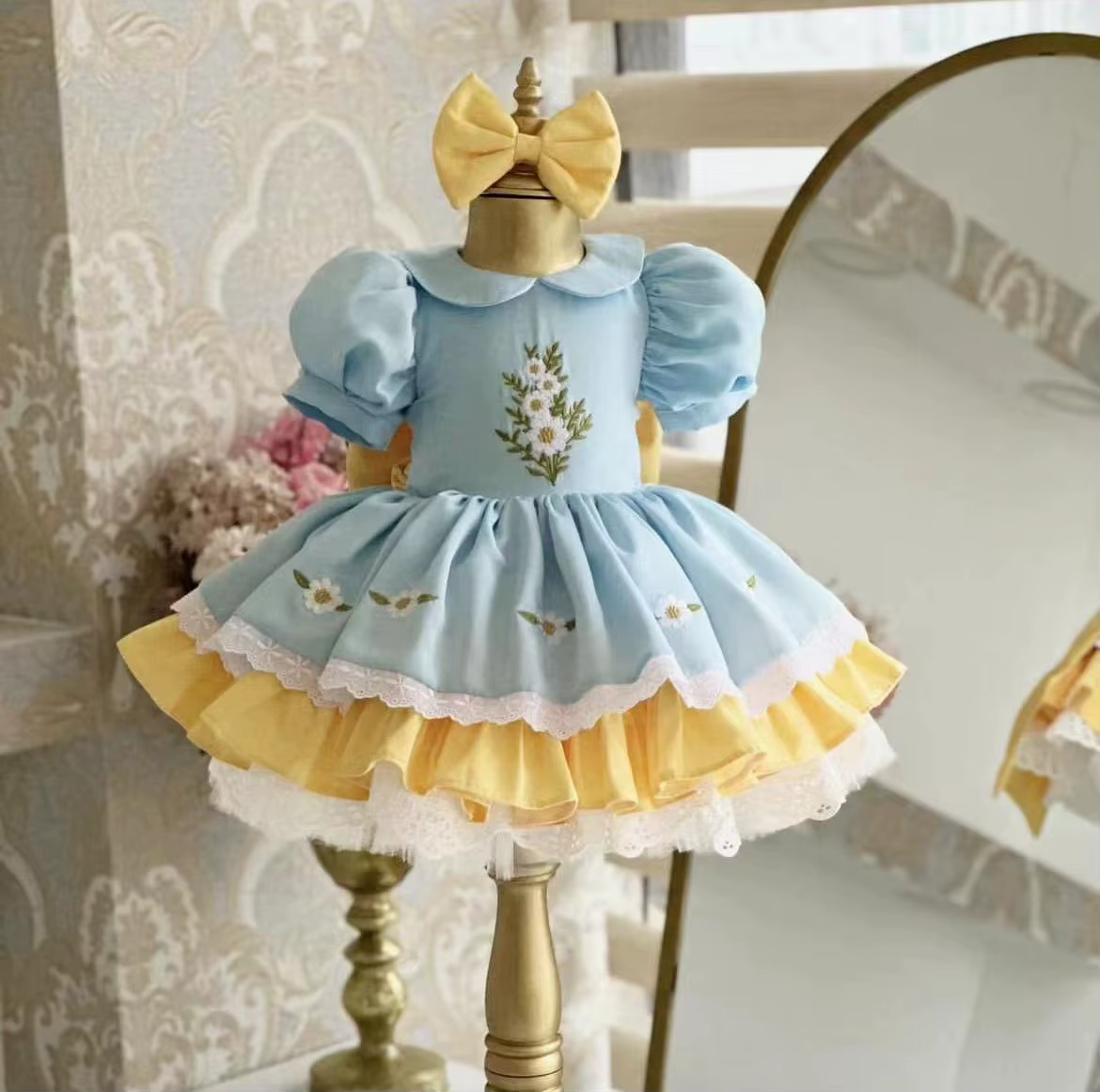 Robe d'été pour bébé fille, broderie marguerite bleue et jaune, robe de princesse turque Vintage pou