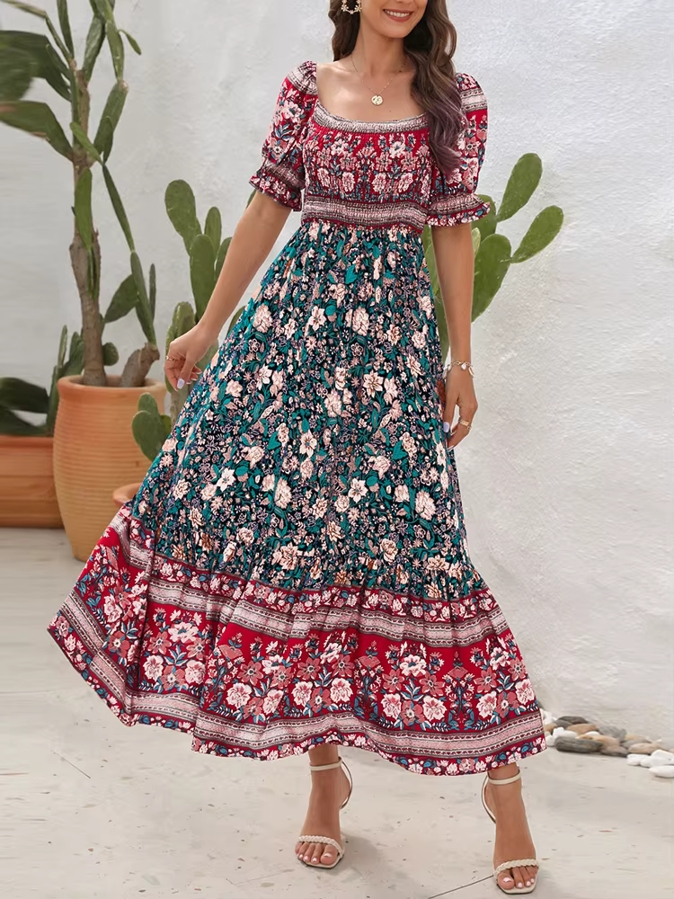 Robe longue plissée à imprimé Floral, style Boho, tenue de plage, manches courtes, col carré, à vola