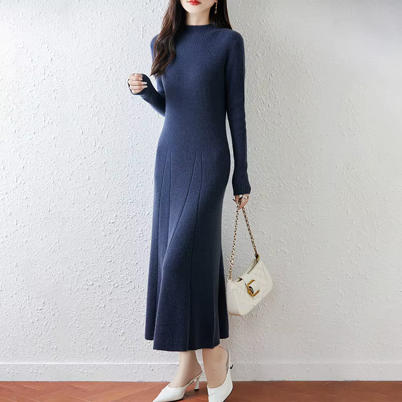 Nouvelle robe à col rond pour femmes avec pull 100% laine mérinos automne et hiver pull Long tricoté