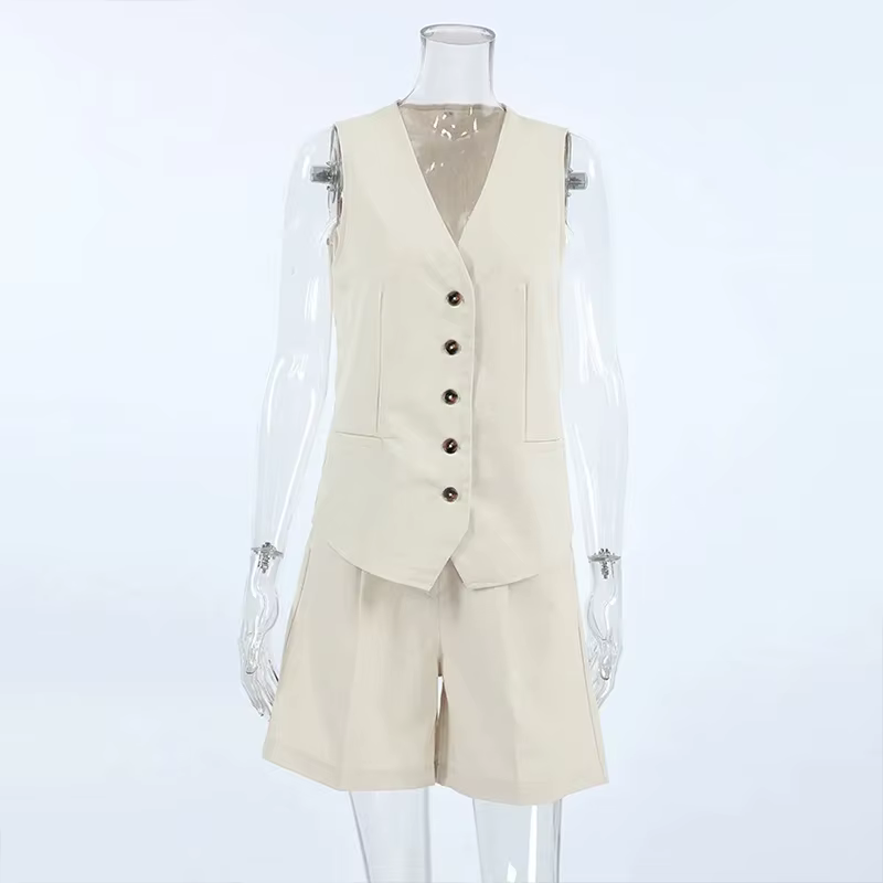 Ensemble de survêtement rétro en coton et lin pour femme, deux pièces, gilet chic à boutons + ensemb