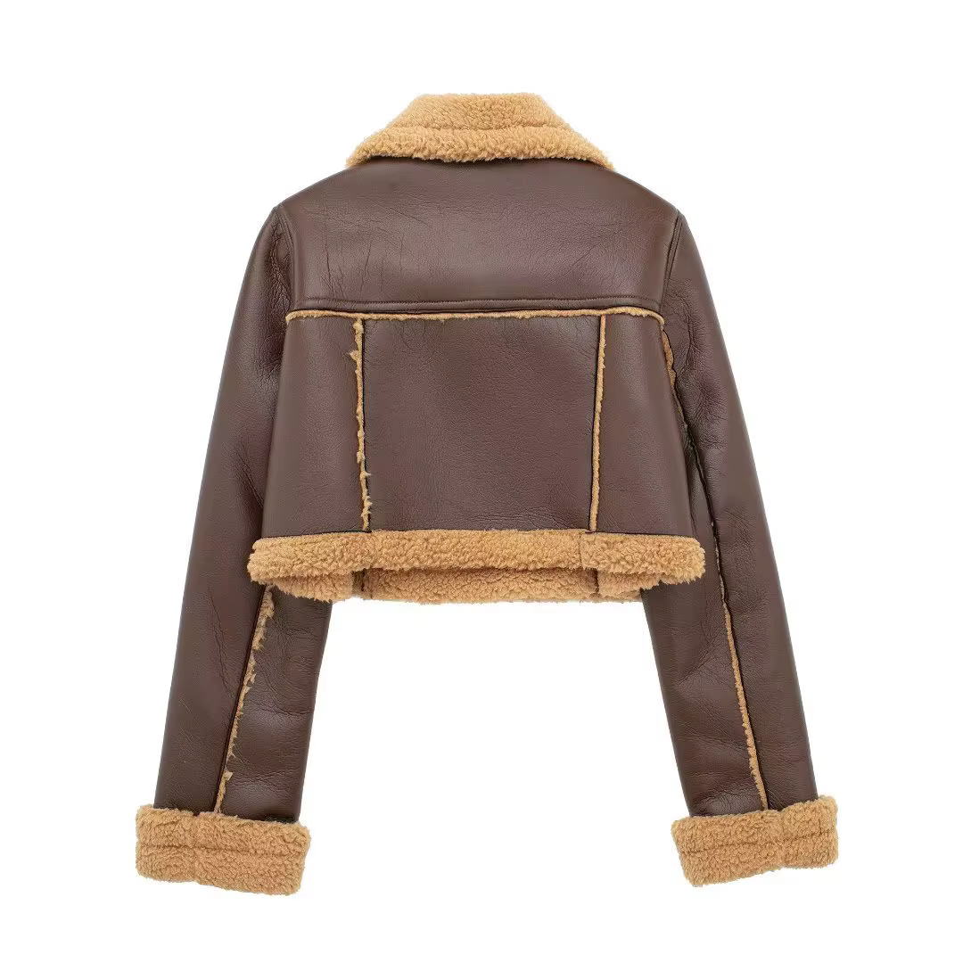 Vestes Courtes en Faux Cuir d'Agneau pour Femme, Fourrure, Fermeture Éclair, Chaud, Vintage, Automne
