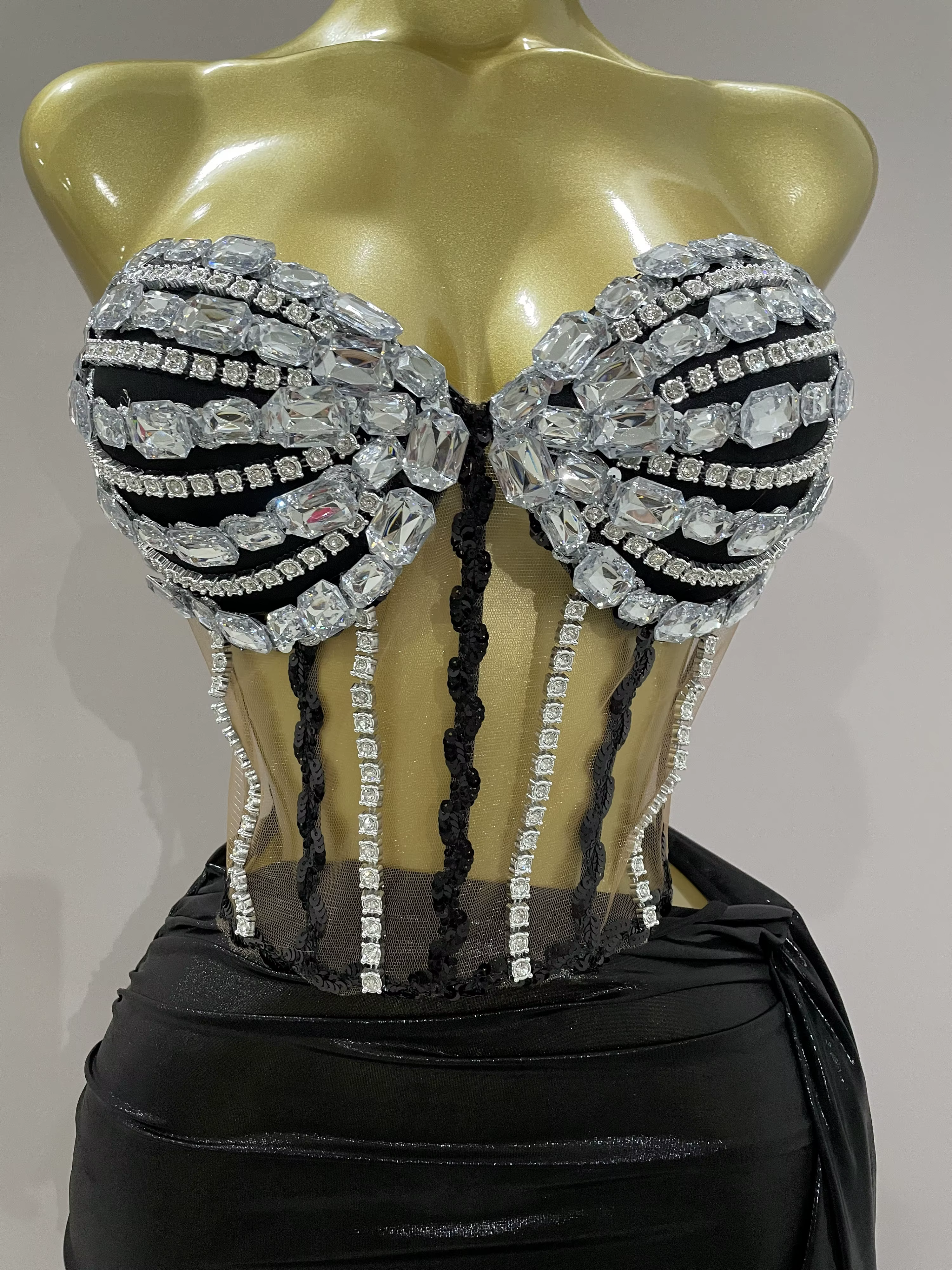 Sexy brillant strass paillettes 2 pièces haut jupe ensemble 2025 femmes célébrité soirée scène disco
