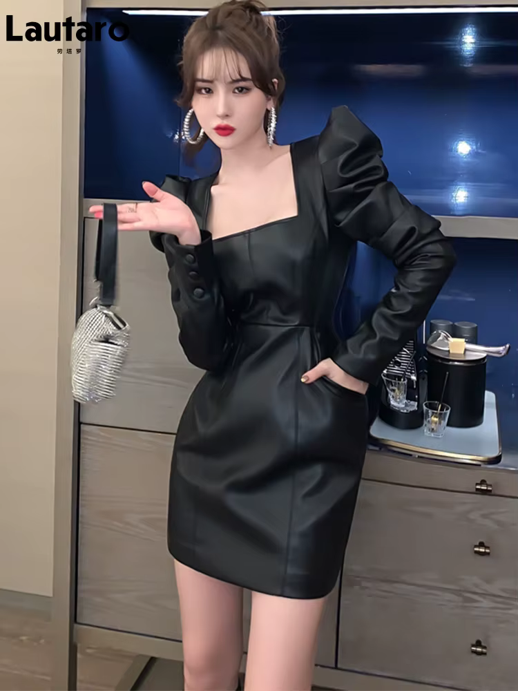 Lautaro-Mini robe en similicuir souple pour femme, manches bouffantes, col carré, vêtements fourreau