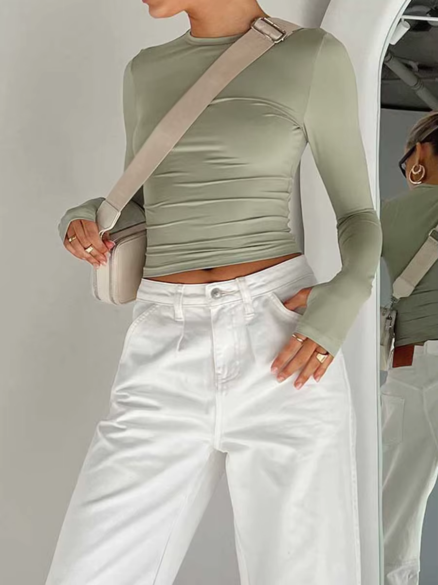 Mode femmes T-shirt à manches longues col rond solide coupe ajustée dames haut court avec trous pour