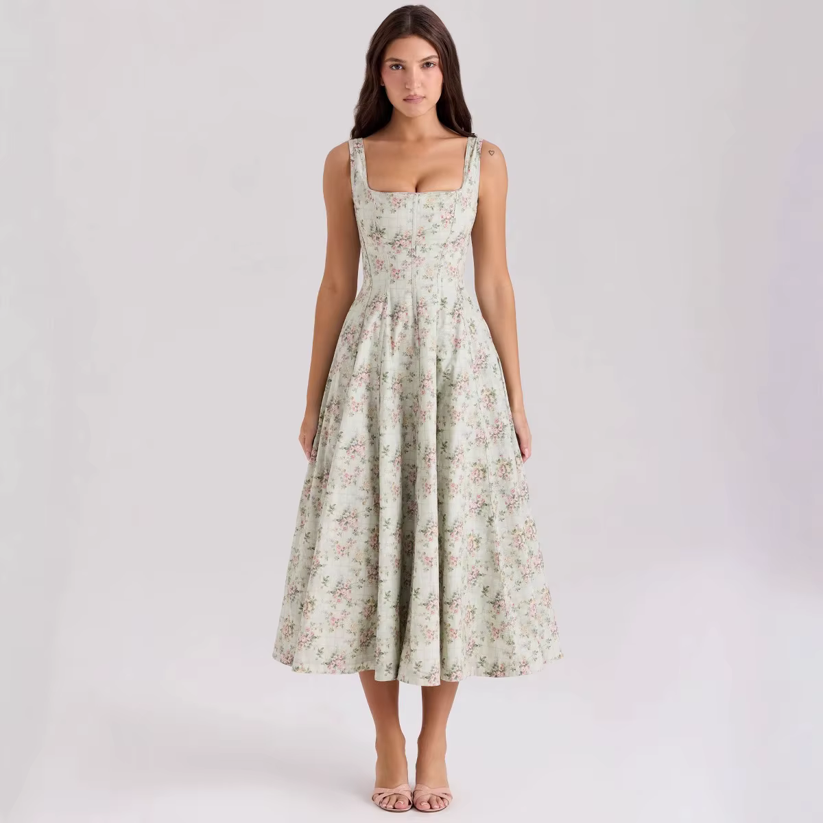 Suninheart été élégant robe à lacets 2025 nouveautés imprimé fleuri robe mi-longue femmes robe Sexy