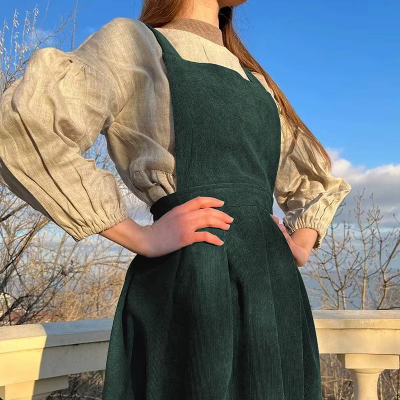 Robe en velours côtelé pour femme, robe chasuble mi-longue, dos croisé, vintage, ensemble une pièce,