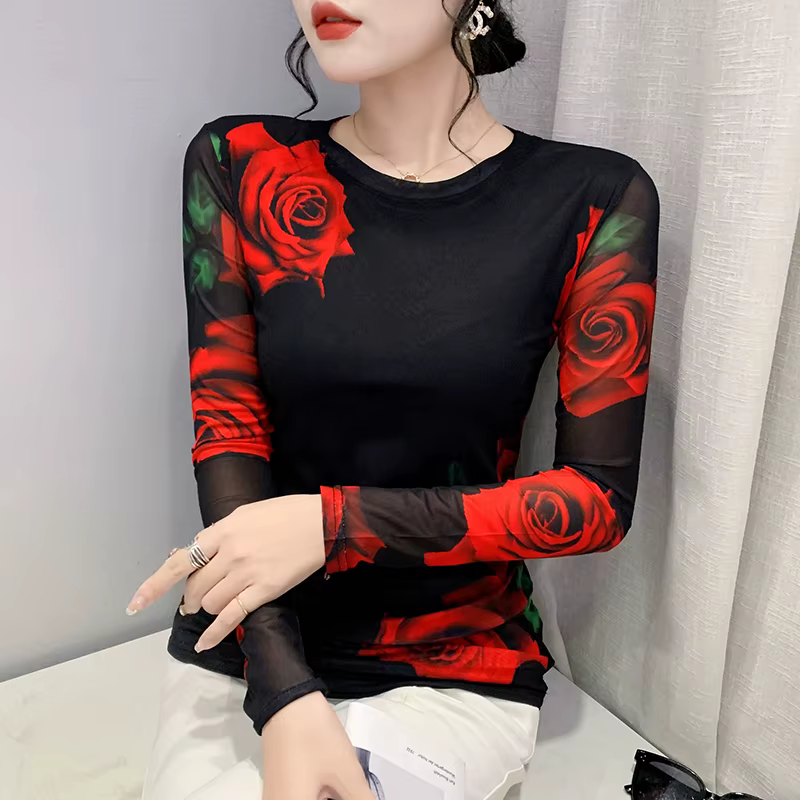 Taille S-3XL filles impression fixe maille T-Shirts T-Shirts femme manches longues col rond extensib