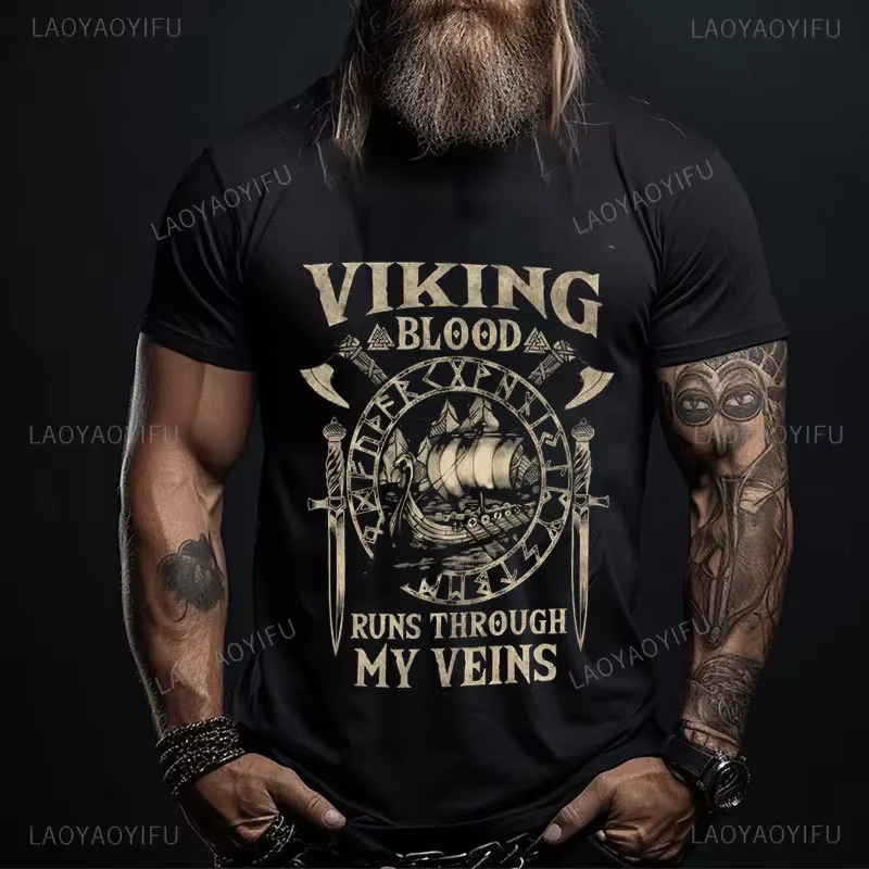 Viking Blood-T-shirt manches courtes pour homme, 100% coton, style légende, rétro, classique, Valhal
