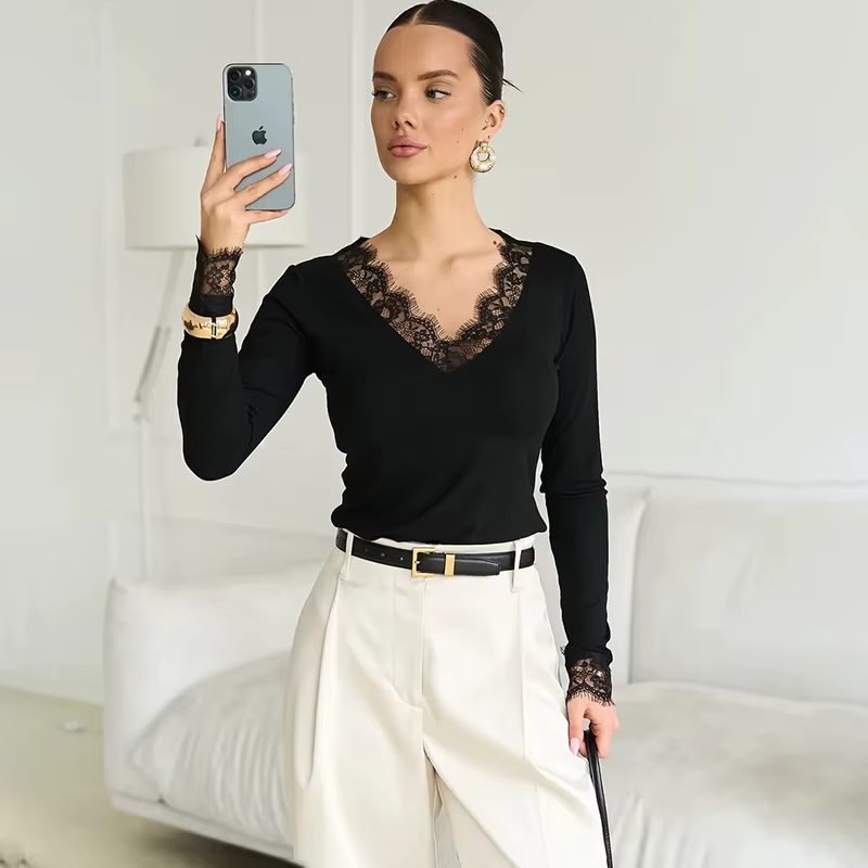 Tornova col en V dentelle t petit haut femmes Sexy nombril exposé pull mode épissure fille chaude Cl