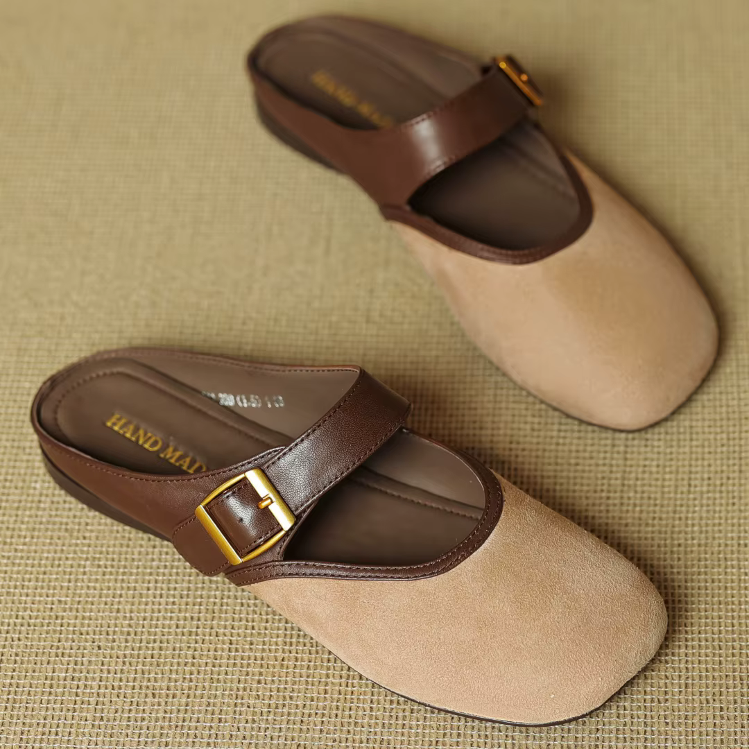Grande taille 43 femmes en daim naturel cuir patchwork bout carré boucle en métal sans lacet mules d