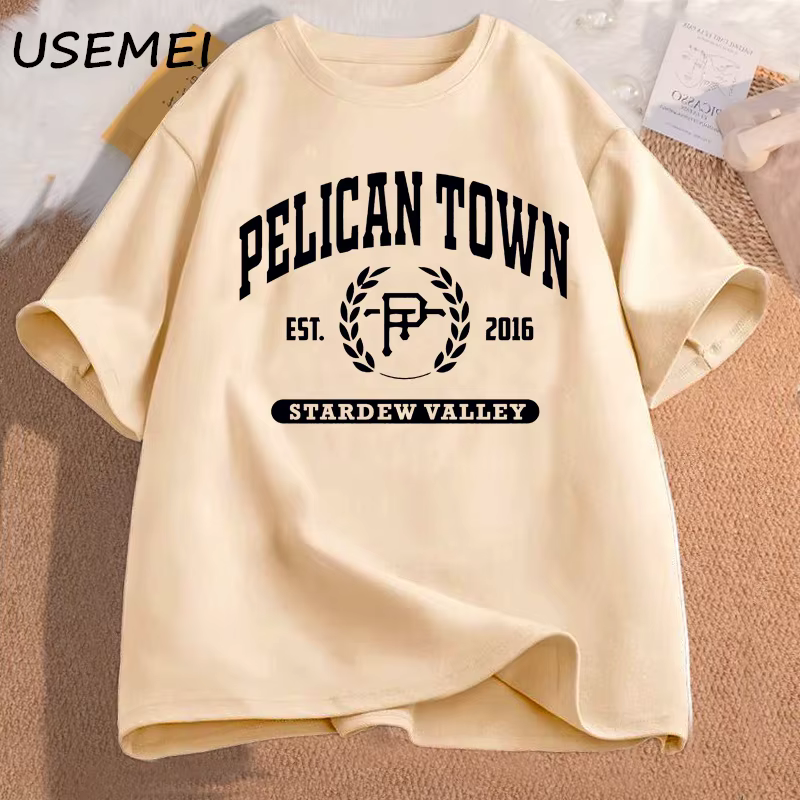 T-Shirt à Manches Courtes en Coton pour Femme, Vêtement Esthétique, Imprimé Pelican Town