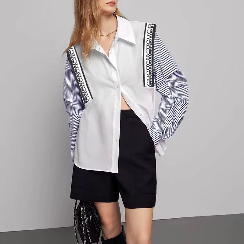 CHCH-Chemise à Manches sulfpour Femme, Haut Décontracté, Confortable, Simple, Rayé, Patchwork, Bleu