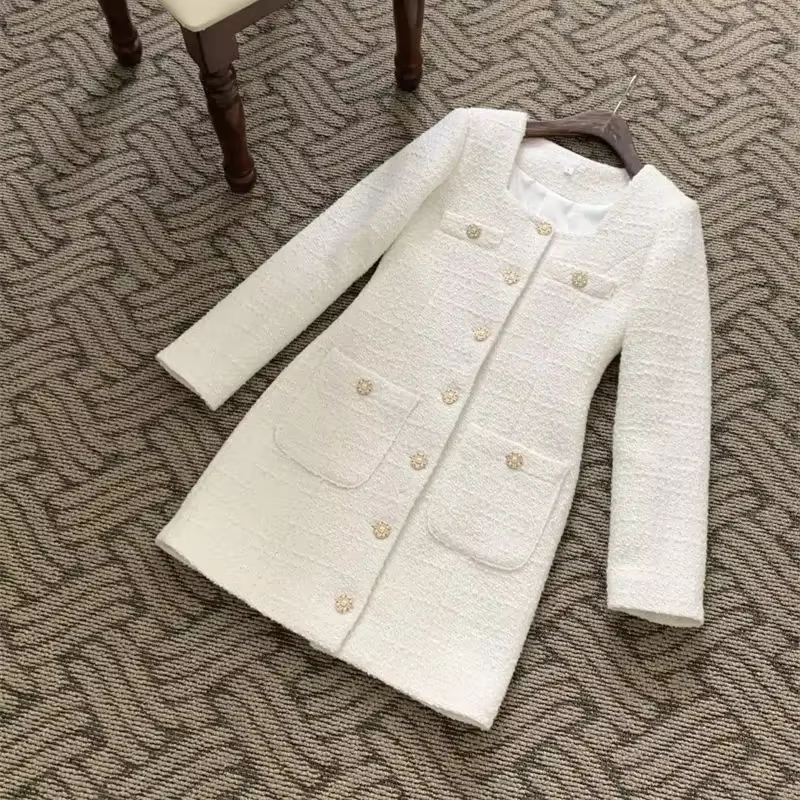 Robe en tweed rétro élégante pour femmes, col carré, manches longues, boutons, poche, mini robes de 
