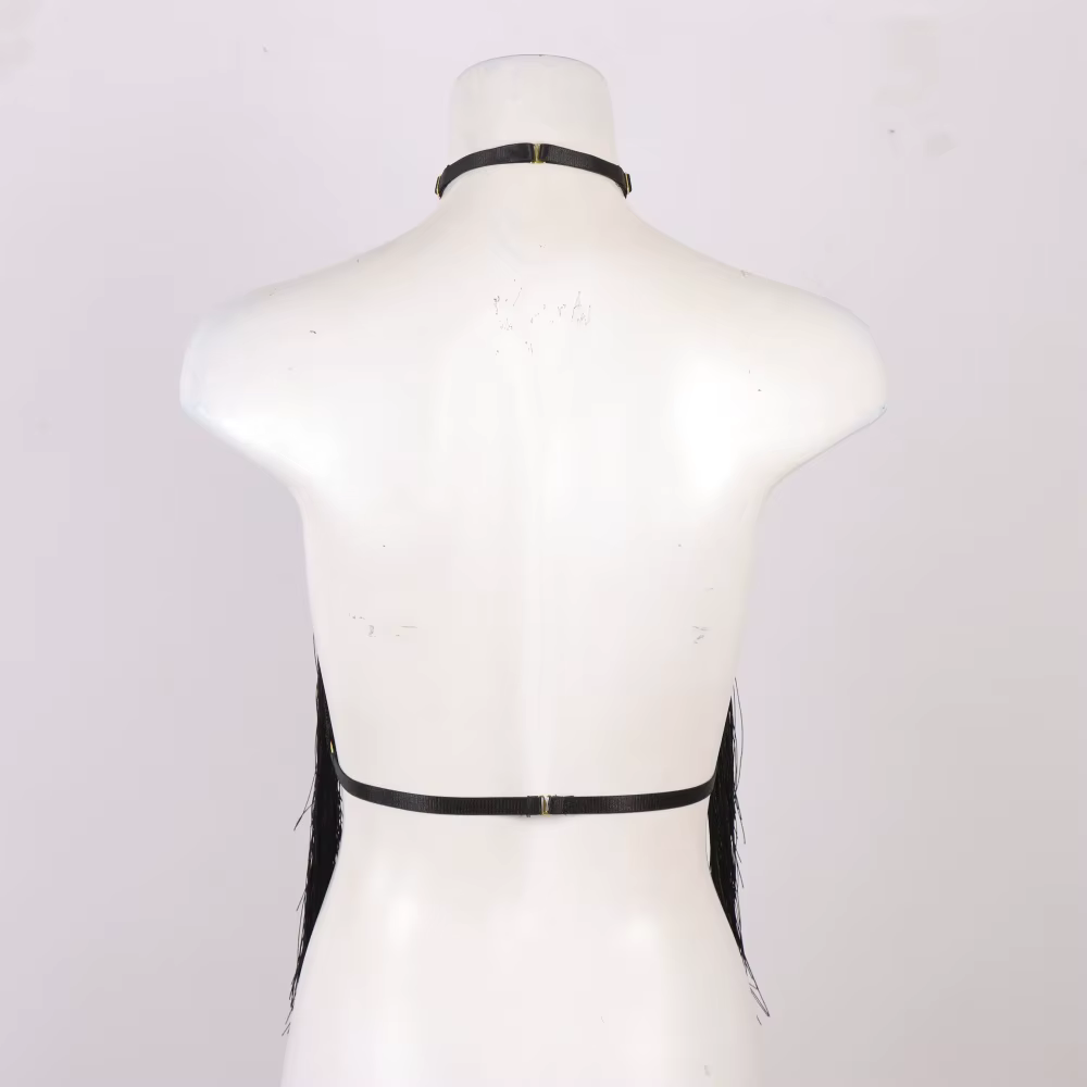 Haut licou à pampilles noires pour femmes, harnais élastique réglable, vêtements toutes saisons, hau