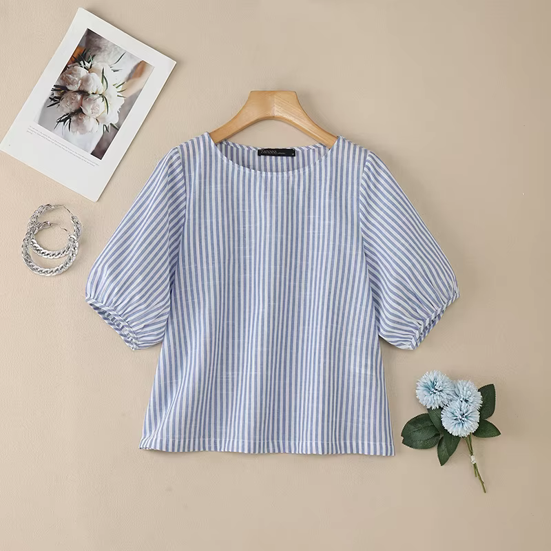 Chemisiers rayés pour femmes ZANZEA, col rond, manches lanternes, coton mélangé, bleu foncé, chemisi