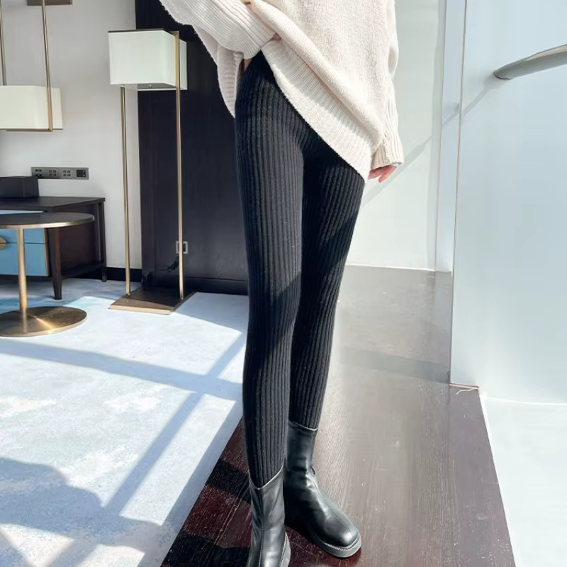 Leggings Slim automne femmes taille haute pantalon décontracté tricoté côtelé épaissir solide élasti