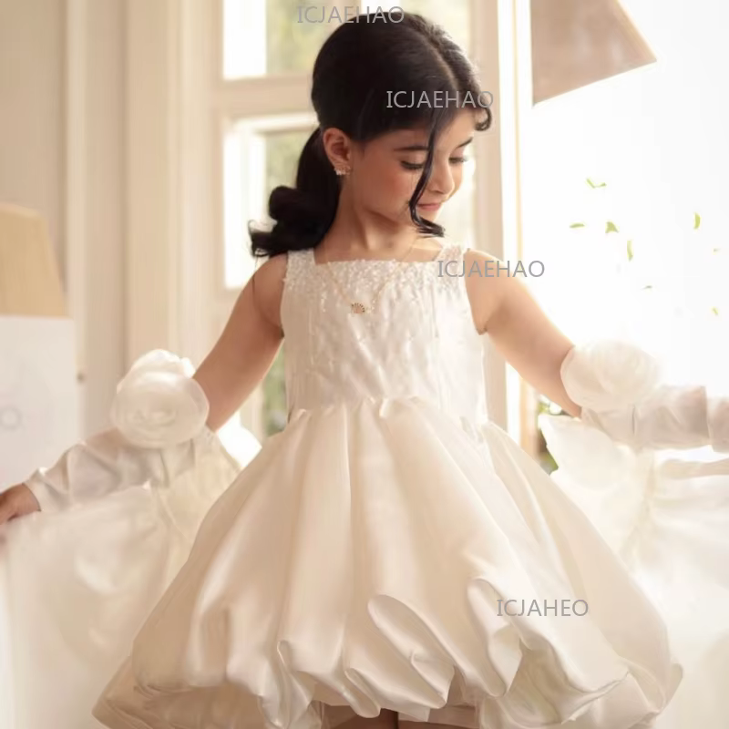 Robe de princesse blanche pour filles, idéale pour anniversaire, mariage, demoiselle d'honneur, banq