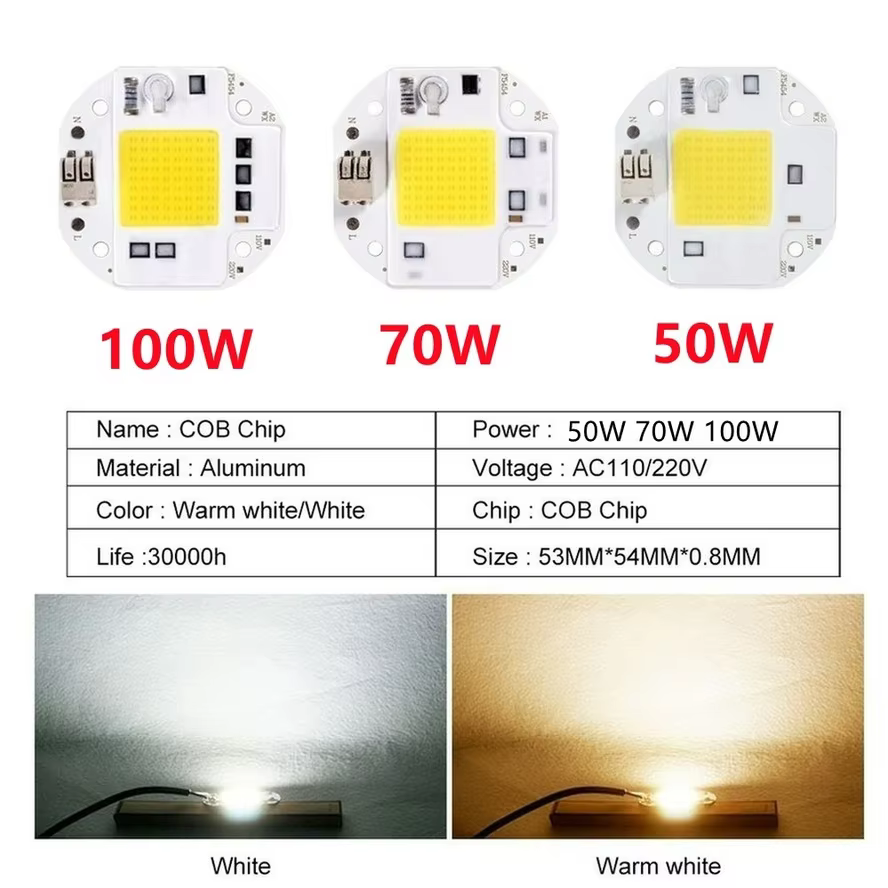 Puce LED COB haute puissance 100W 70W 50W, sans soudure, pour projecteur, projecteur 220V 110V, perl
