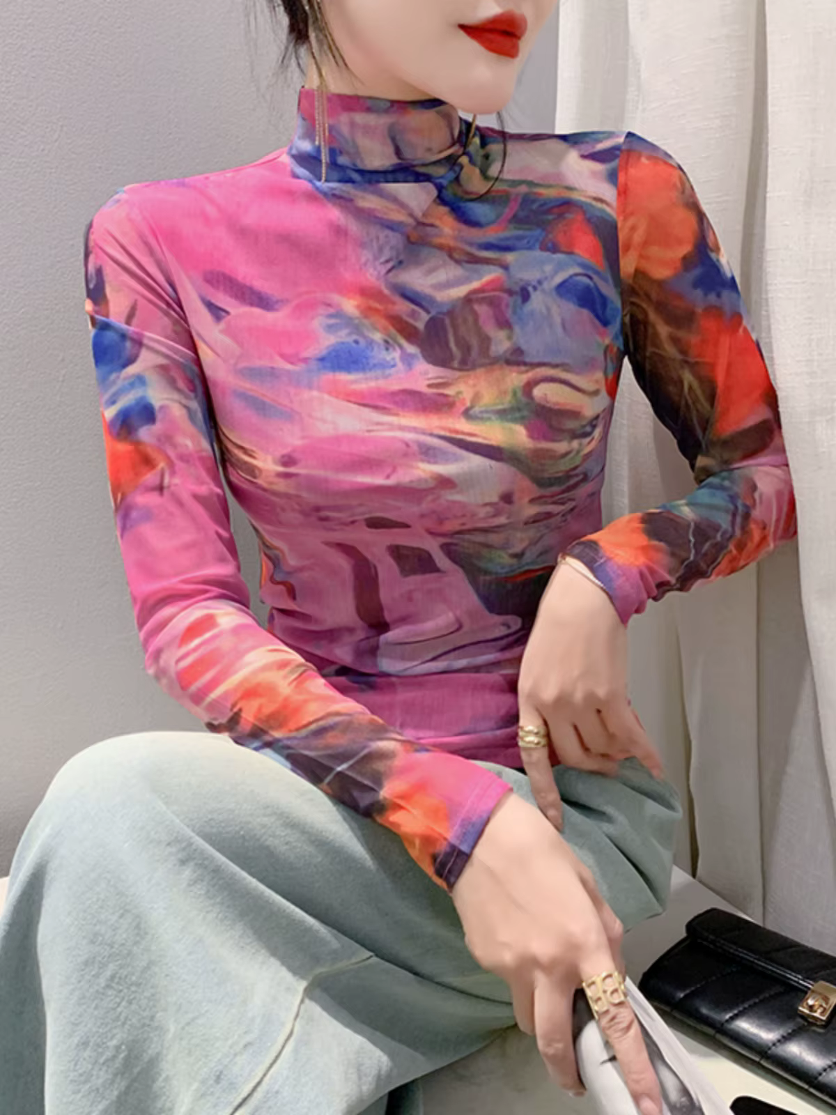 T-shirt en maille à col roulé à manches longues pour femmes, haut slim femme, taille S-4XL