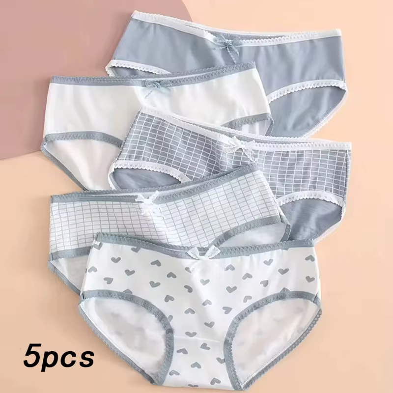 Lot de 5 culottes douces pour femmes, imprimé à carreaux cœur, respirantes et confortables pour le q