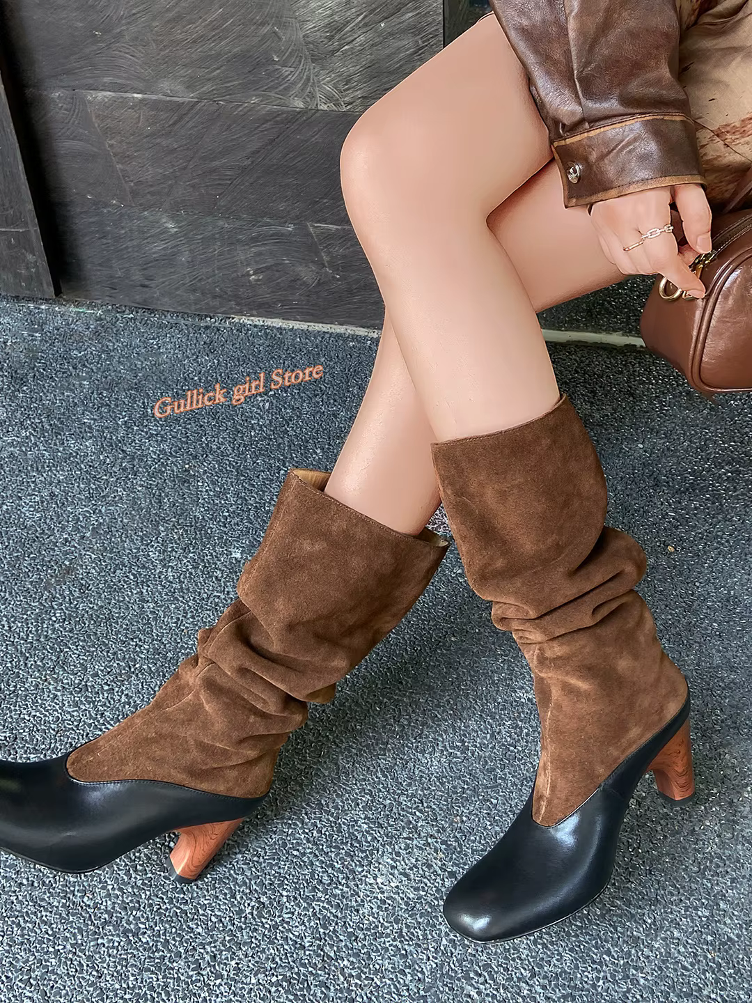 Patchwork genou bottes hautes daim cuir sans lacet Slouchy mode 2025 hiver automne piste femmes robe