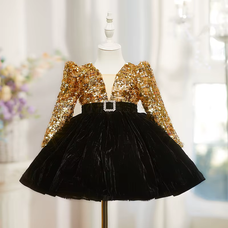 Robe de princesse bouffante super féerique à sequins dorés pour bébé fille de 1 an, style français,